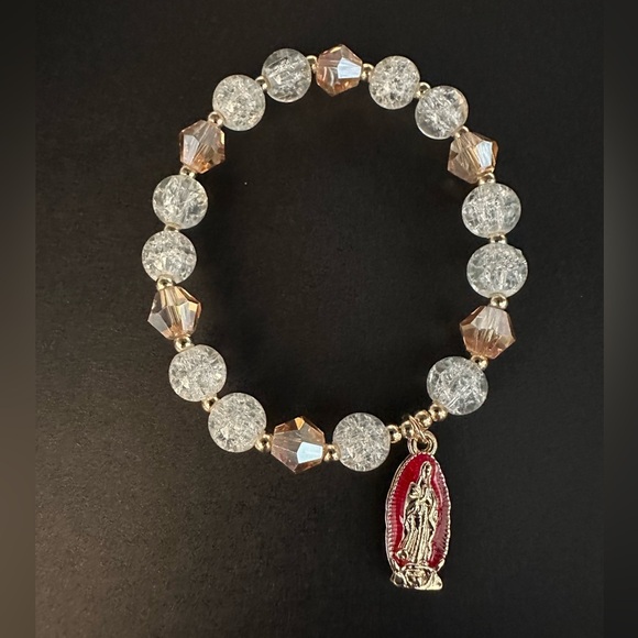 Clear Glass Beads With Virgin Mary Charm Stretch Faith Bracelet 1 OSFM Brand New - Picture 3 of 4